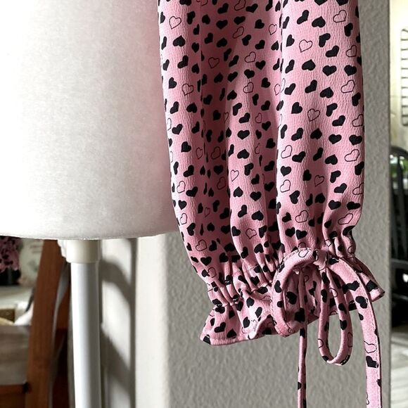 Top Shop Cropped Pink Long Sleeves Hearts Button Down Puff Sleeves NWT 8 Scoop - Picture 9 of 10